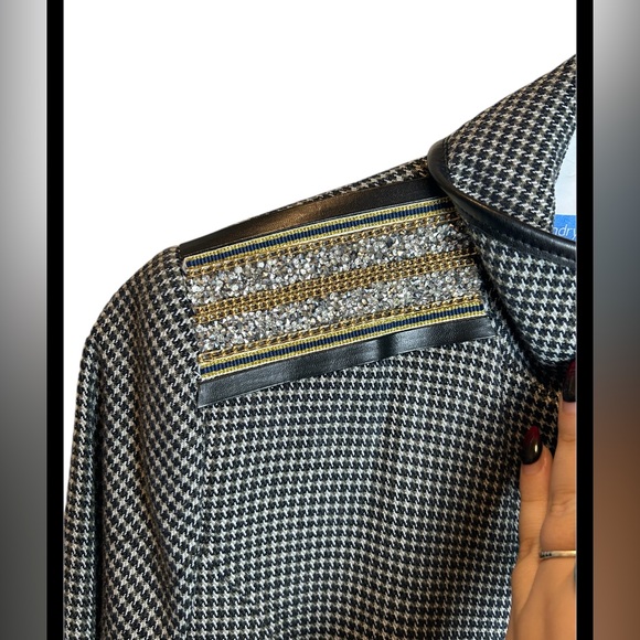 Sam Edelman Embellished Military Style Black White Houndstooth Blazer Size L - Picture 5 of 8